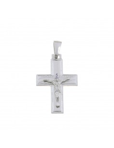 Cross pendant with satin and engraved wave detail and white gold plated cast Christ in 925 silver
