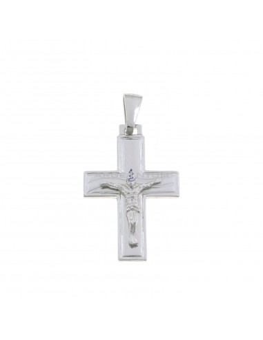 Cross pendant with satin and engraved wave detail and white gold plated cast Christ in 925 silver
