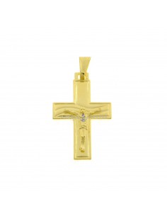 Cross pendant with satin and engraved wave detail and yellow gold plated cast Christ in 925 silver