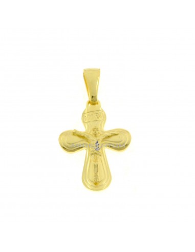 Ciondolo croce satinata e incisa con scritta "INRI" e cristo microfuso placcato oro giallo in argento 925