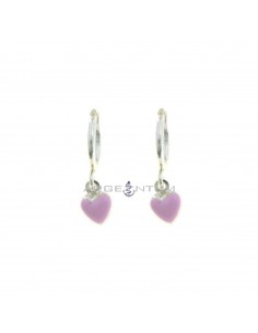 Tubular hoop earrings with pink enameled heart pendant and bridge clasp in 925 silver