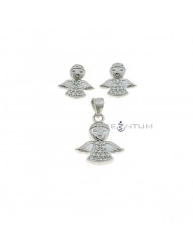 White gold plated pendant and earrings with engraved angel lobe and white semizircon in 925 silver