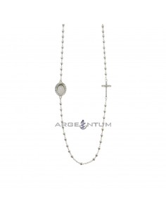White gold plated round rosary necklace with 2.5 mm smooth sphere, cross of white zircons and miraculous medal in a frame of white zircons in 925 silver