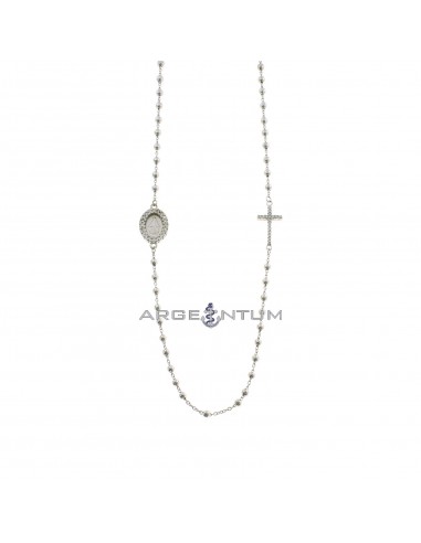 White gold plated round rosary necklace with 2.5 mm smooth sphere, cross of white zircons and miraculous medal in a frame of white zircons in 925 silver