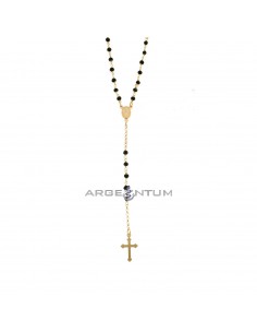 Collana del rosario a Y maglia rolò con swarovski neri, centrale medaglia miracolosa e croce a lastra pendente placcata oro rosa in argento 925