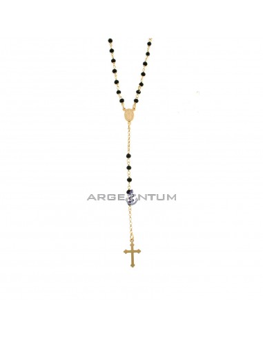 Collana del rosario a Y maglia rolò con swarovski neri, centrale medaglia miracolosa e croce a lastra pendente placcata oro rosa in argento 925