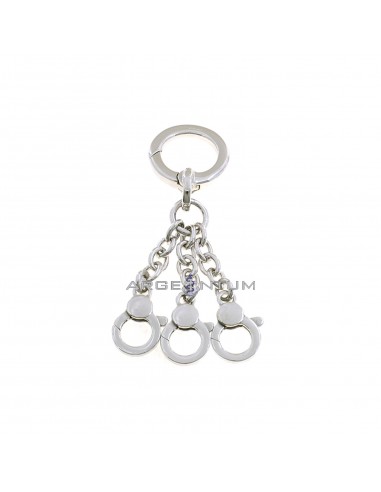 Keychain with 3 segments oval rolo link, 3 square section carabiners and square section smart hook white gold plated in 925 silver
