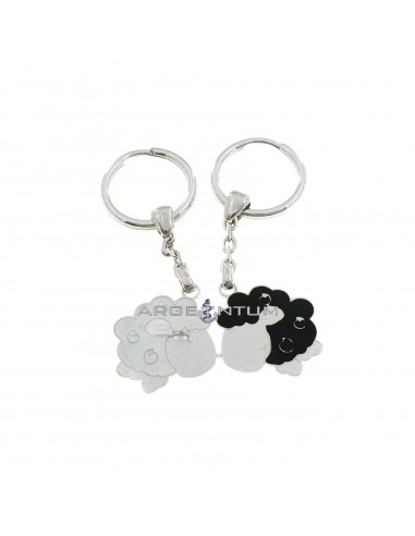 Divisible keychain engraved and enamelled black and white sheep, mesh segment and white gold plated brisè hook in 925 silver