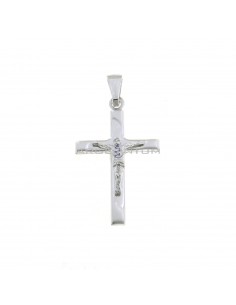 Rounded cross pendant with satin details and white gold plated cast Christ in 925 silver