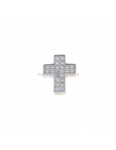Ciondolo croce placcato oro bianco con zirconi bianchi e foro passante in argento 925