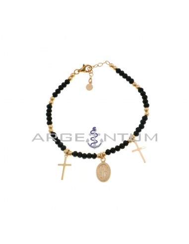 Black swarovski mesh bracelet alternating with shiny spheres with plate crosses and miraculous medal pendants rose gold plated 925 silver