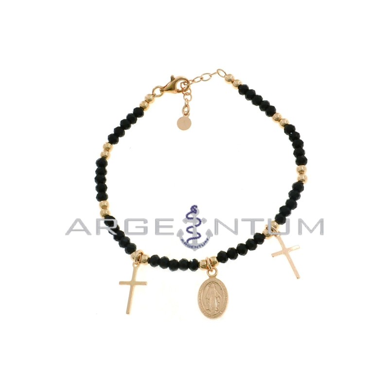 Black swarovski mesh bracelet alternating with shiny spheres with plate crosses and miraculous medal pendants rose gold plated 9