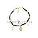 Black swarovski mesh bracelet alternating with shiny spheres with plate crosses and miraculous medal pendants rose gold plated 9