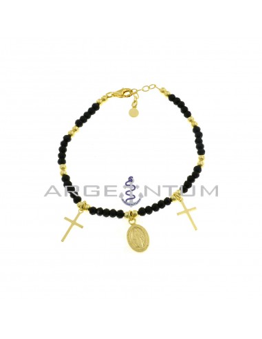 Black swarovski mesh bracelet alternating with shiny spheres with plate crosses and miraculous medal pendants yellow gold plated 925 silver