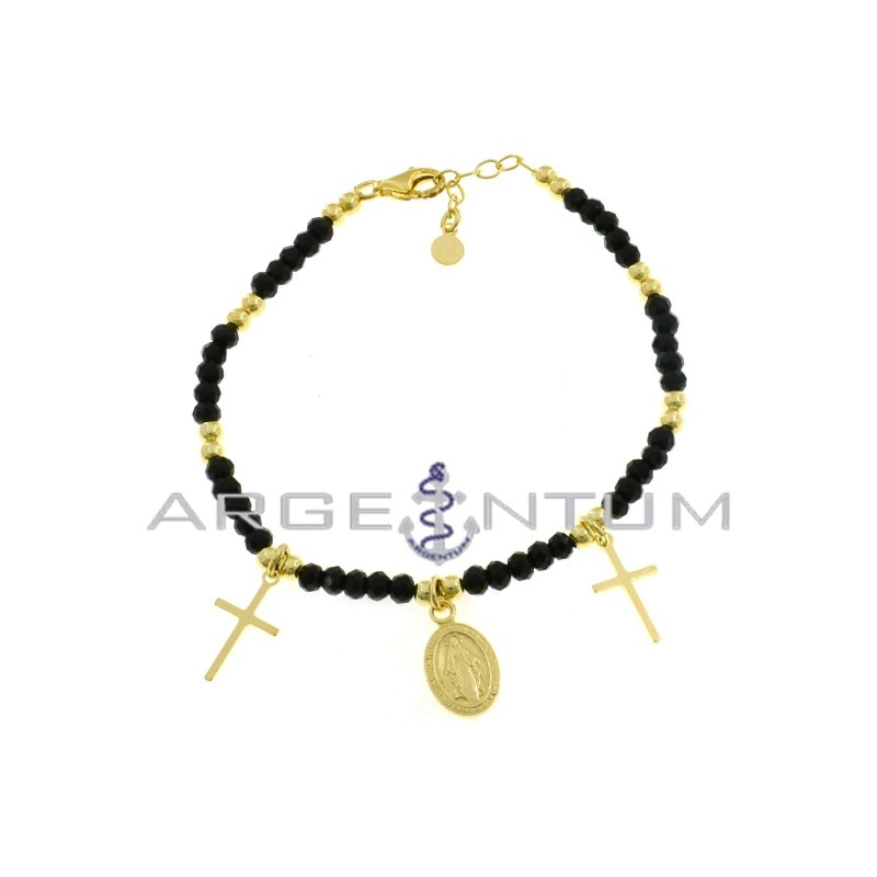 Black swarovski mesh bracelet alternating with shiny spheres with plate crosses and miraculous medal pendants yellow gold plated