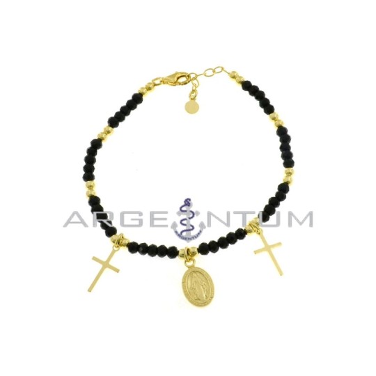 Bracciale maglia swarovski neri alternati a sfere lucide con croci a lastra e medaglia miracolosa pendenti placcato oro giallo i