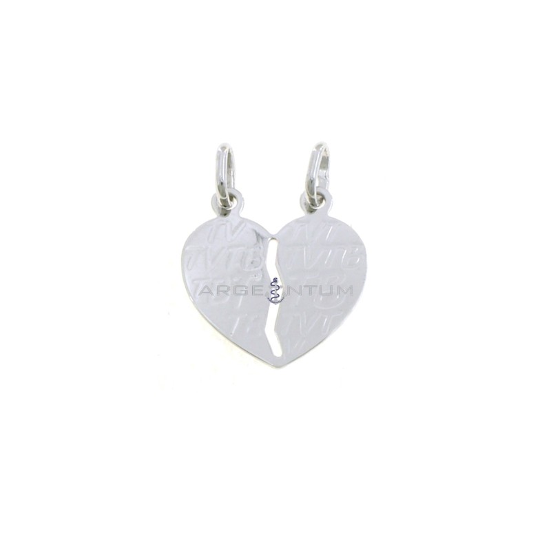 Divisible plate heart pendant with engraved "TVTB" writing white gold plated in 925 silver