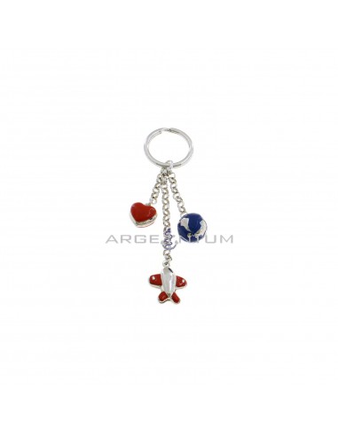 Keychain with rolò mesh segments, coupled and enameled airplane pendants, globe and heart and white gold plated brisée hook in 925 silver