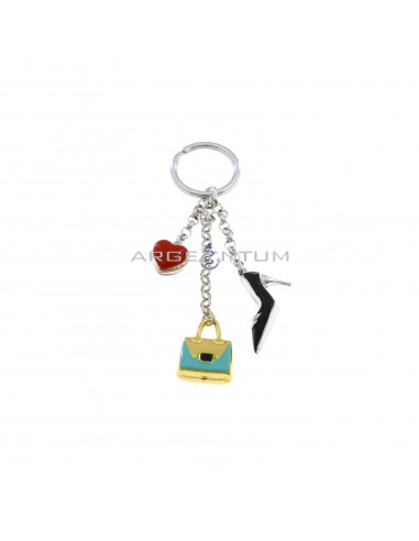 Keychain with rolò mesh segments, paired and enameled shoe pendants, yellow gold plated bag and white gold plated heart and brisée hook in 925 silver