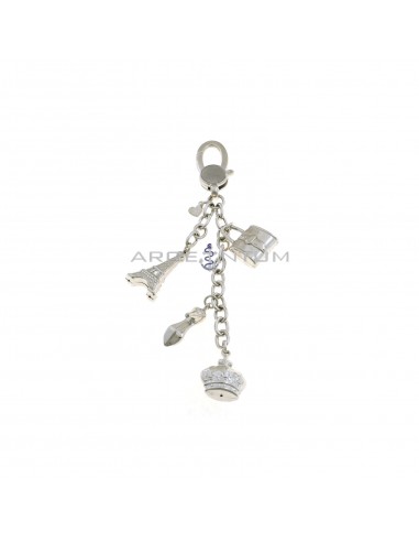 Keychain with oval rolo chain segments, paired pendants crown, shoe, bag and Eiffel Tower and white gold plated brisée hook in 925 silver