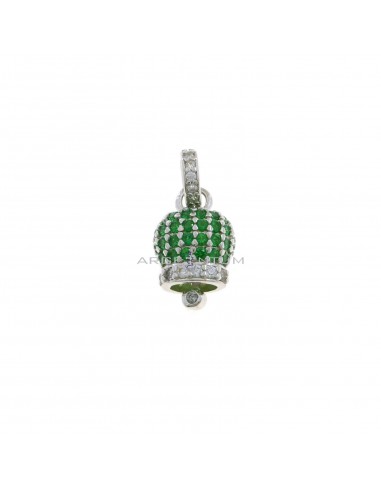 Bell charm 9.5x9.5 mm. white gold plated with green zircons and round zirconia counter-link in 925 silver