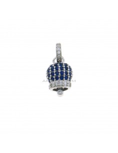 Bell charm 9.5x9.5 mm. white gold plated with blue zircons and 925 silver round zircon counter-link