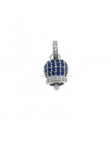 Ciondolo campanella 9,5x9,5 mm. placcato oro bianco con zirconi blu e contromaglia tonda zirconata in argento 925