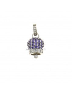 Bell charm 9.5x9.5 mm. white gold plated with purple zircons and round zirconia counter-link in 925 silver