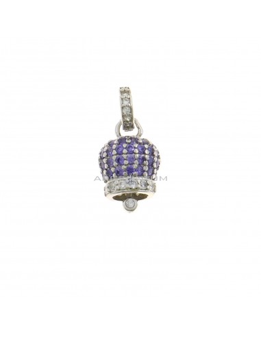 Bell charm 9.5x9.5 mm. white gold plated with purple zircons and round zirconia counter-link in 925 silver