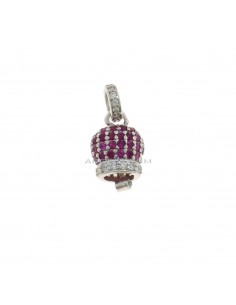 Bell charm 9.5x9.5 mm. white gold plated with fuchsia zircons and 925 silver round zirconia counter-link