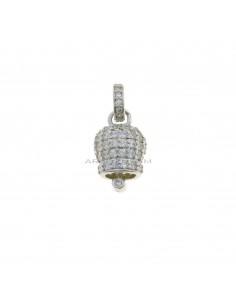 Ciondolo campanella 9,5x9,5 mm. placcato oro bianco con zirconi bianchi e contromaglia tonda zirconata in argento 925