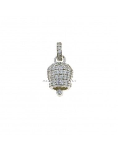 Ciondolo campanella 9,5x9,5 mm. placcato oro bianco con zirconi bianchi e contromaglia tonda zirconata in argento 925