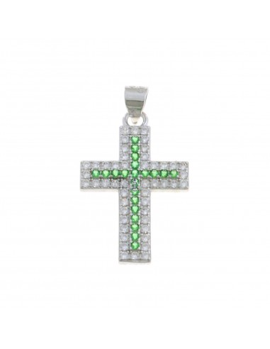 Ciondolo croce con zirconi bianchi e verdi placcato oro bianco in argento 925