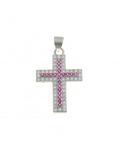 White gold plated cross pendant with white and fuchsia zircons in 925 silver