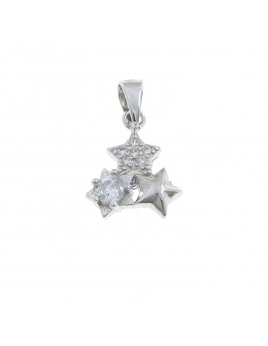 3-star star pendant in white zircons pave, star with light point and rounded and shaped star, 925 white gold plated silver