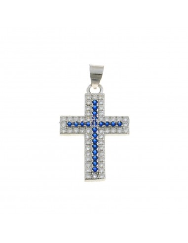 White gold plated cross pendant with white and blue zircons in 925 silver