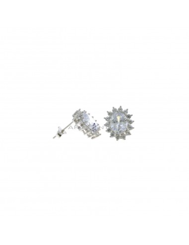 10,5x13 mm lobe earrings with central oval white zircon in a frame of white zircons plated white gold in 925 silver