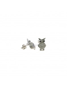 White semi-zircon owl lobe earrings with white gold plated black zircon eyes in 925 silver