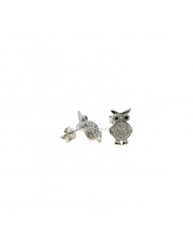 White semi-zircon owl lobe earrings with white gold plated black zircon eyes in 925 silver