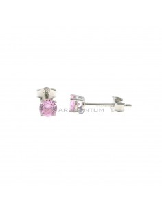Point of light earrings with 4-prong pink zircon of 4 mm on a white gold plated base in 925 silver