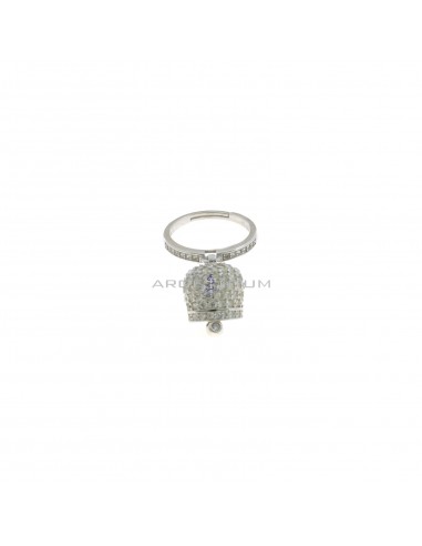 Adjustable white semi-zircon ring with bell pendant in white cubic zirconia pave with white light point clapper in 925 silver white gold plated