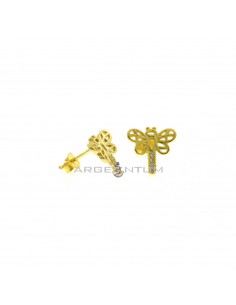 Yellow gold-plated dragonfly lobe earrings with openwork and white half-zirconia in 925 silver