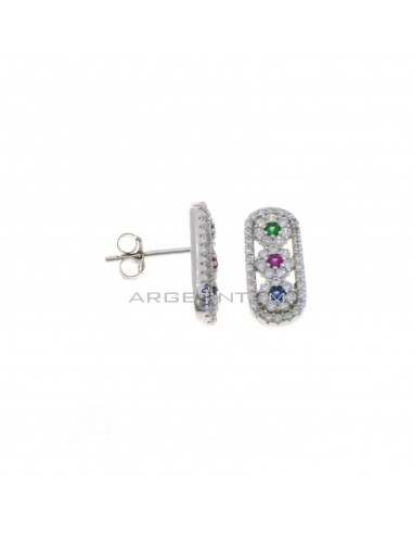 White zircon oval shape lobe earrings with 3 white zircon flowers with central colored zircons white gold plated 925 silver