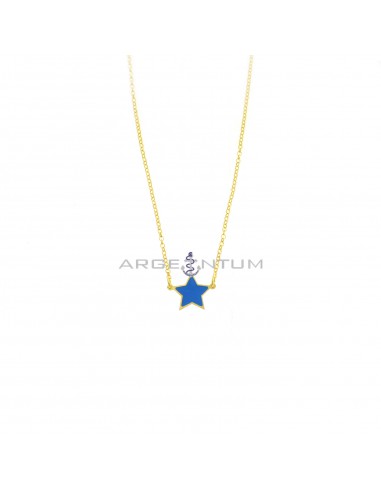 Diamond-coated rolo chain necklace with central star in light blue enamelled plate, yellow gold plated in 925 silver