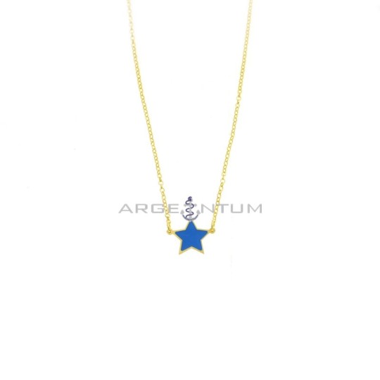 Diamond-coated rolo chain necklace with central star in light blue enamelled plate, yellow gold plated in 925 silver