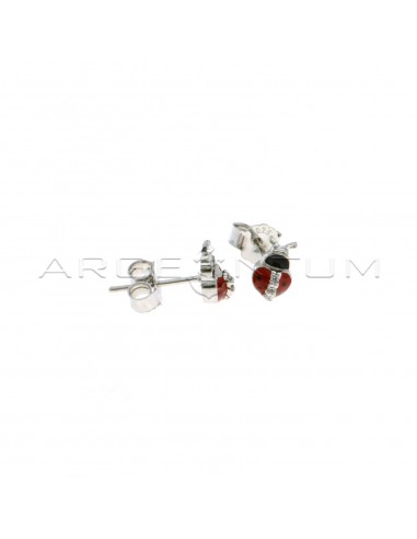 Red enamelled ladybug lobe earrings with 3 white gold plated white zircons in 925 silver