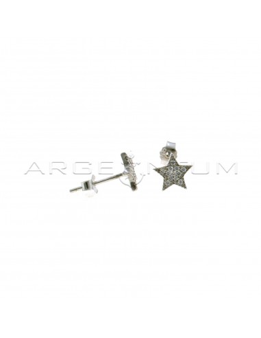 White gold-plated white zirconia pave star lobe earrings with dotted edge in 925 silver