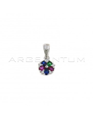 Round pendant with flower with multicolor zircon petals and white points of light white gold plated in 925 silver