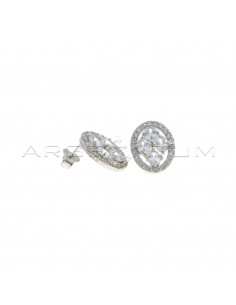 White gold-plated oval-shaped lobe earrings with white gold plated central zircons in 925 silver