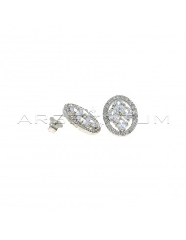 White gold-plated oval-shaped lobe earrings with white gold plated central zircons in 925 silver